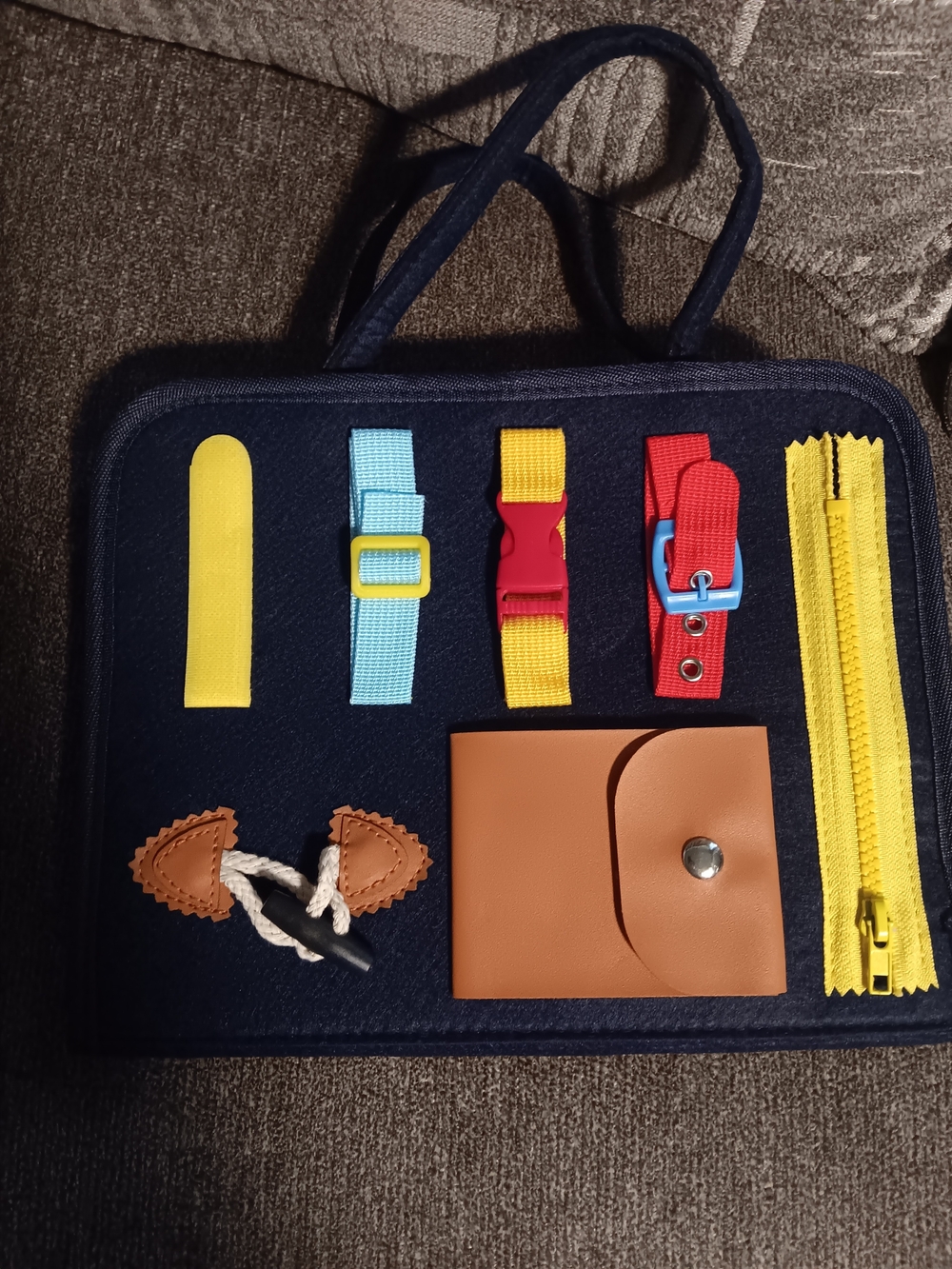 Navy Fine Motor Skills Activity Board with Yellow, Red, Blue, Tan Accents